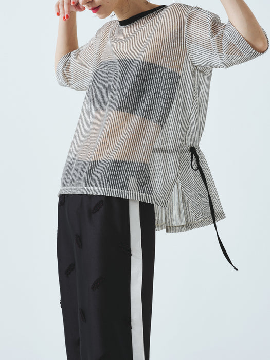 グリッターストライプレースバックギャザーTEE