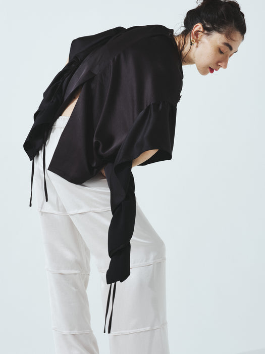 サテンエンブロイダリーペプラムスリーブブラウス