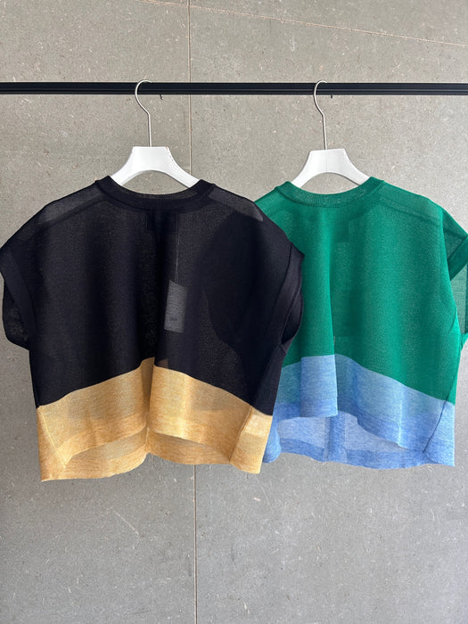NEW SEASON：ペーパーニット配色ショートジレ