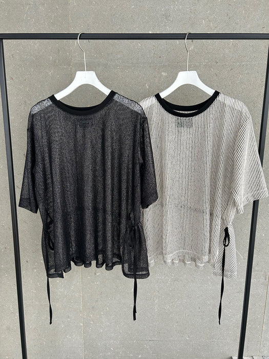 グリッターストライプレースバックギャザーTEE