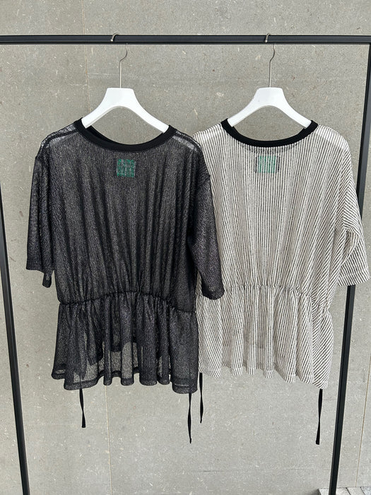 グリッターストライプレースバックギャザーTEE